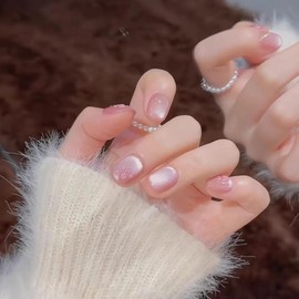 Nail Tip, Short, Round, 24 Pieces, Nail Tip, Cat Claws, Pink, Skin Color, Cat Eye, False Claws, Popular, Japanese Style, Cute, Simple, Fashionable Party, Autumn, Spring, Summer, Daily Life, Bridal