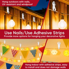 60 Pack Hooks for Outdoor String Lights Clips, Metal Heavy Duty String Light Hook with Screw & Adhesive Strips, Christmas Light Clips for Outside or Indoor Holiday Decor, Fairy Led Lights, Etc. White
