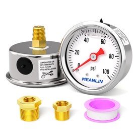 MEANLIN MEASURE 0100Psi Stainless Steel 1.5" Face Dial, Glycerin Filled Pressure Gauge, Liquid Filled, Water Oil Air, Back Mount, with 1/8" x 1/4" NPT and 1/8" x 3/8" NPT Hex Bushing
