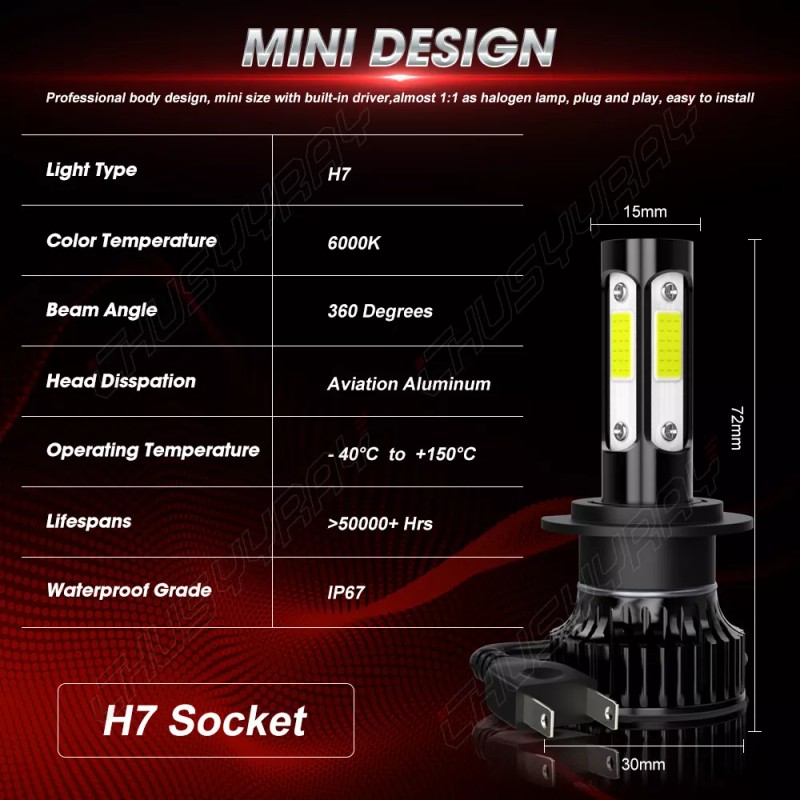 CHUSYYRAY Pair H7 LED Headlight Bulbs High or Low Beam