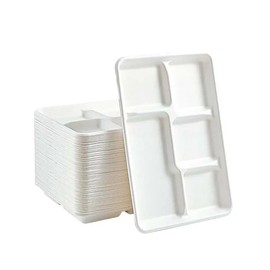 iPEAK 50Pcs Disposable Plates with 5 Compartments, Biodegradable Bagasse Paper Dishes Trays Natural Recyclable Ideal for Birthday, Anniversary, BBQs, Picnics, Parties Suitable for Hot & Cold Food