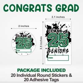 Graduation Sticker Set - Class of 2025-40 Self Adhesive Labels, Round & Tag Shaped, Each 20 Pcs for Gift Wrapping, Envelopes, Yearbook - Boys Girls Party Supplies（Green）- F03
