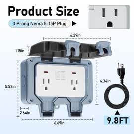 BSEED Outdoor Outlet Box with 9.8ft Extension Cord, Dual 15 AMP 5-15 Receptacle IP66 Waterproof Weatherproof Outdoor Electrical Box, LED Indicator, Lockable Cover, Power Plug for Gardens, ETL Listed