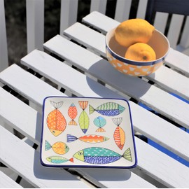 Euro Ceramica FreshCatch Collection 7.25" Canape Plates, Set of 4 - Indoor/Outdoor Use - Colorful Cute Fish Pattern on White, Standard, (FRC-86-3920)