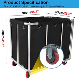 Laundry Cart Commercial Black,11.35 Bushel Large Industrial Rolling Laundry Hamper with 4 Inch Wheels,Household Heavy Duty Laundry Baskets with Stainless Steel Frame, 260 LBS Weight Capacity