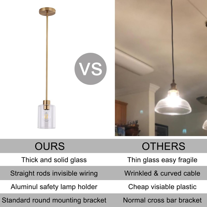 KLSS Brass Pendant Lights Kitchen Island,Modern Farmhouse Clear Glass Pendant