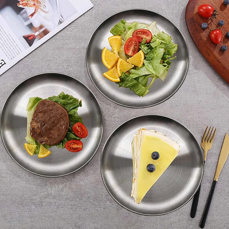 JXHAPY Reusable Brushed Metal Dinner Plates-Stainless Steel Round Plates,Dinner Plate
