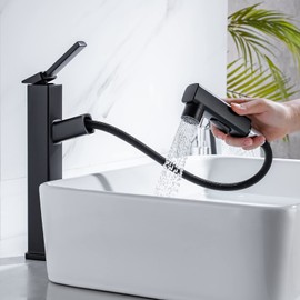 HANLIAN Single Handle Pull Out Bathroom Vessel Sink Faucet with Rotating Spout, Modern Single Hole Tall Bathroom Faucet with Pull Down Sprayer, One Hole High Bathroom Sink Faucet Black with 3 Modes