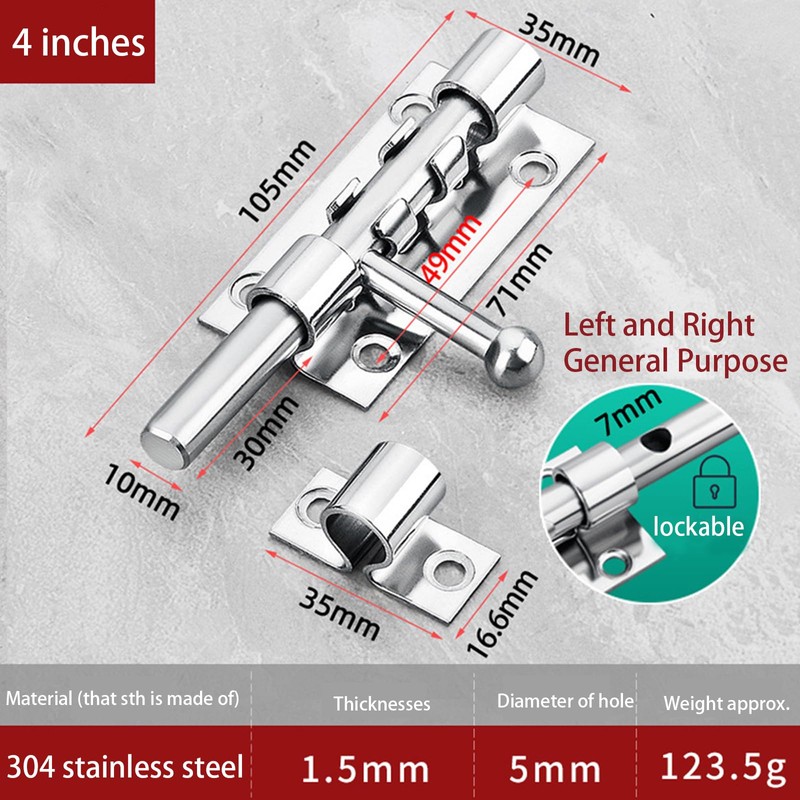 4" Slide Gate Latch Bolt, Stainless Steel Heavy Duty Solid