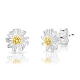 Small Flower Stud Earrings - 925 Sterling Silver Studs Earrings - Daisy Flower Earrings with Gold Plated Elements - Silver Stud Earrings for Women - Diameter: 8 mm
