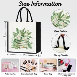 Floral Book Canvas Tote Bag Aesthetics for Women, Book Lover Gifts for Women Bookworm Librarian Ladies Mother Daughter Friends Bookish Teacher Reusable Grocery Handbag for Shopping Trip Beach Bags -12
