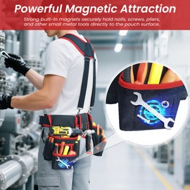 Tool Belt With Suspenders, Heavy Duty Magnetic Tool Belts for Men with 18 Pockets, Tool Belt with Adjustable 32 to 66 Inches Detachable Waist for Electricians, Carpenters, Framers