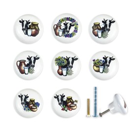 JamJam Set of 8 1.5" Ceramics Cow with Flower Farmhouse Rustic Cabinet Knobs Unique Kitchen Dresser Drawer Knobs Pulls Cupboard Wardrobe Furniture Handles