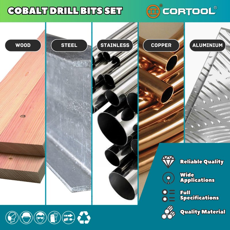 CORTOOL Cobalt Drill Bit Set, 15pcs Twist Jobber Length Drill