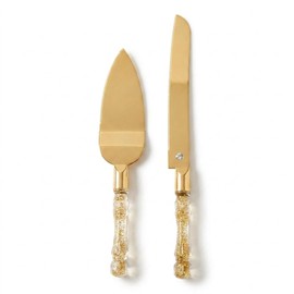 Juego de cuchillos y servidores para tartas de boda, cortador de pasteles y espátula, juego de 2 cuchillos con asas de plástico, cuchillas chapadas en oro de titanio, juego de corte para cumpleaños y