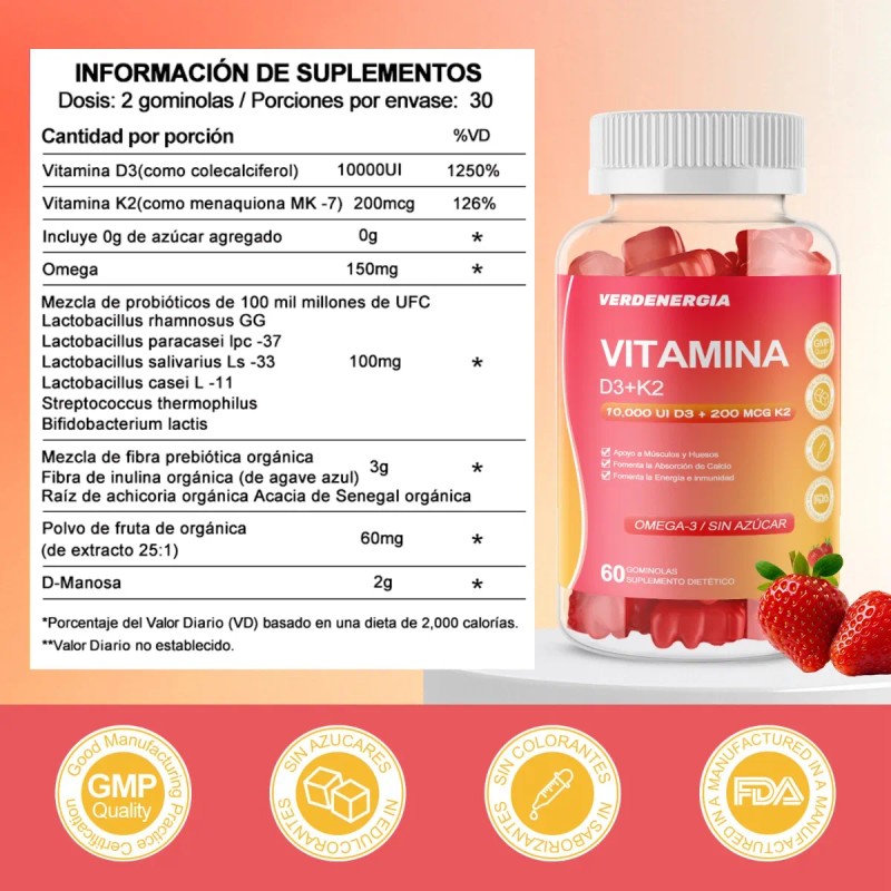 Gomitas Vitamina D3 K2 Omega 3 Para Mujer Hombre Sabor