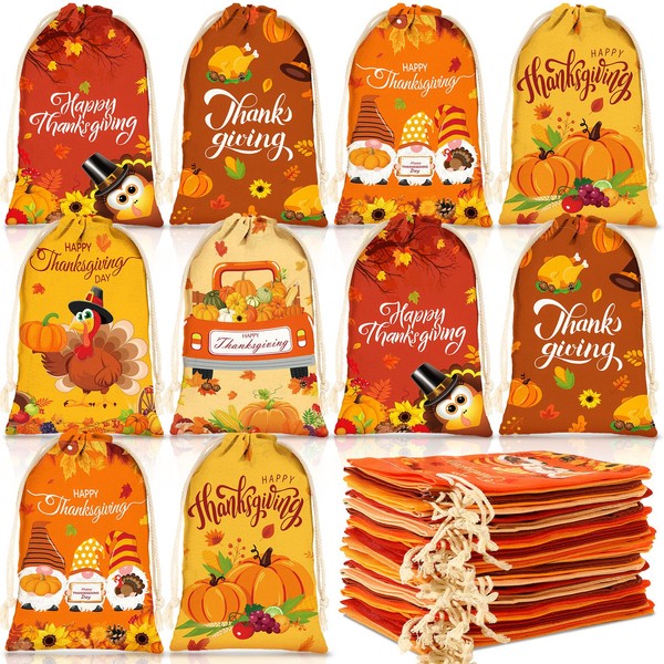 24 Pcs Thanksgiving Gift Bags with Drawstring Canvas Party Favor