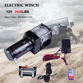 Heavy Duty 3000 lb Steel Cable Rope ATV UTV Off-Road Winch with 1pcs Remote Control and 4-Way Roller Fairlead