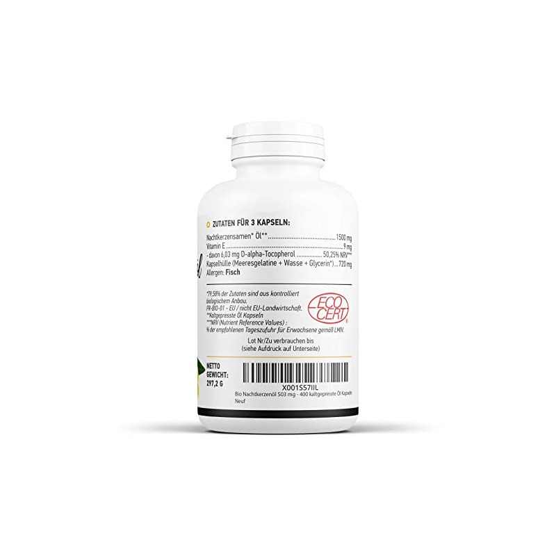 Organic Evening Primrose Oil 503 mg 400 Cold Pressed Oil