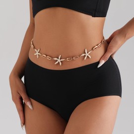 Shell Waist Chain for Women Mermaid Gold Sea Shell Belt Pirate Plus Size Starfish Dainty Summer Beach Body Jewelry (Gold-A)