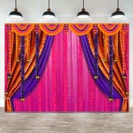 Wollmix Pooja Backdrop Decoration Cloth Items Indian Ganpati Puja Traditional Chatiya Ganesh Mehndi Photography Background Festival Wedding Party Marigold Garlands Banner Photo Booth Props 7x5ft