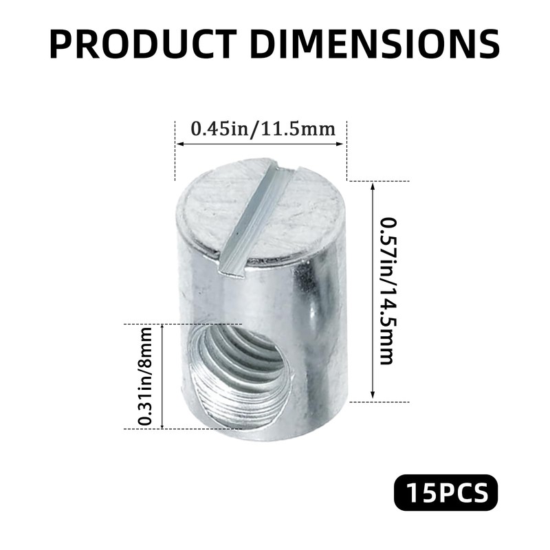 15 PCS M8 Barrel Nuts Cross Dowels Slotted Nuts M8x11.5x14.5mm