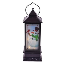 Traditional Snowman with Cardinal Pre Lit LED Stained Glass Style Lantern, Black, 11 Inch, for Tabletop or Hanging