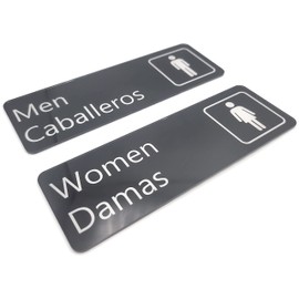 Kraken Sign Co. - Juego de letreros de baño con calcomanía en español e inglés - 9 x 3 pulgadas - Hombre/Caballeros y mujeres/damas - Juego de dos letreros - Negro con letras blancas y gráficos, altamente visible, interior y exterior - Para cafeterías, r