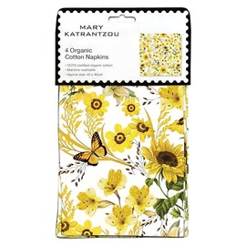 Museums & Galleries Organic Cotton Set of 4 Cloth Napkins - Artistic Yellow Butterflies and Flowers Design by Mary Katrantzou - Reusable Tableware