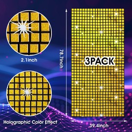 Pack of 3 Disco Party Table Runner, Gold Glitter Table Runner, 200 x 100 cm Gold Tinsel Curtains, Glitter Sequin Table Runner, Disco Glitter Curtain, for Birthday Party, Graduation, Wedding Photo