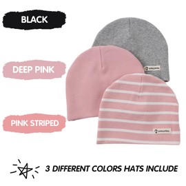 JANGANNSA 3-Pack Newborn Baby Beanie Hats Boys Girls Hospital Hat Infant Toddler Cotton Caps (Pink,Light Gray,Pink Stripe, 7-36 Month)