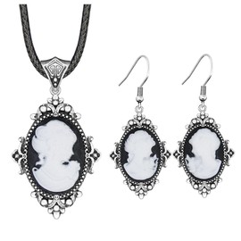 Vintage Look Flower Pendant Lady Queen Cameo Sets For Women Antique Silver Plated Cameo Necklace Earring Jewelry Set