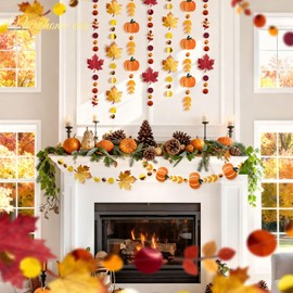 NICROHOME EUR Fall Autumn Paper Garlands with Glitter Pumpkin Maple Leaves