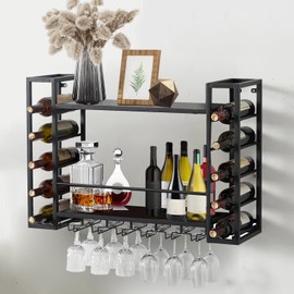 RAJYQODIS 33in Wall Mounted Wine Racks with Glass Holder Rustic Industrial 2 Tier Metal Bottle Holder Floating Multi Functional Home Bar Liquor Wine Storage Display Rack (Black, 33in)