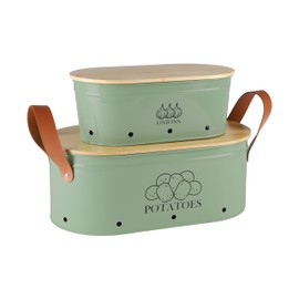 Xbopetda Potato and Onion Storage Bin, Metal Potato Storage with Bamboo Lid & Handle, Potato Bin Onion Holder with Aerating Holes, Kitchen Pantry Storage Bin for Onion Potato Vegetable Produce - Black