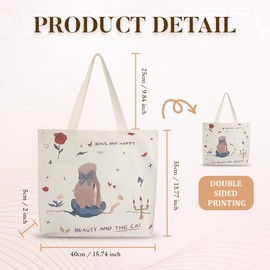 XTKELLY Stylish Heavy-Duty Canvas Tote Bag for Women, Reusable Grocery Bag with Zipper. Economical Canvas Tote Bag, Women Hobo Shoulder Bag (Beauty and the cat)