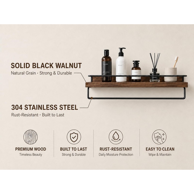 Bathroom Floating Shelves With Towel Bar - Solid Walnut Wooden