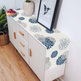 WHOMEAF Blue Gray Table Runner Dahlia Pinnata Flower Beige Table Runners Modern Elegant Pompon Farmhouse Geometric Table Center Decor for Home Dining Party Entrance (13x72 Inch)