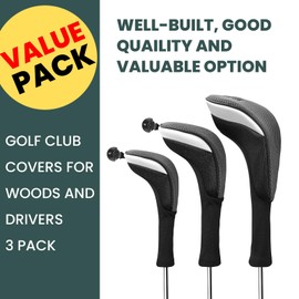 FINGER TEN Golf Club Head Covers for Wood Long Sock Driver Hybrid Fairway Value 3/4/5 Pack, Headcovers with Interchangeable No. Tag Novelty Color Blue Black Red Fit Woods Clubs (Black-3 pack)