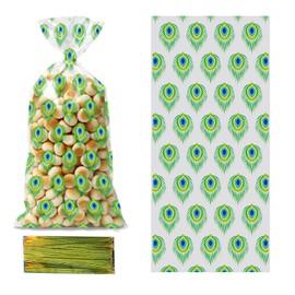 CSTYWC 50 Pieces Peacock Feathers Treats Cellophane Bags Plastic Goodie Candy Bags with 50PCS Twist Ties Gift Bags for Birthday Party Favors