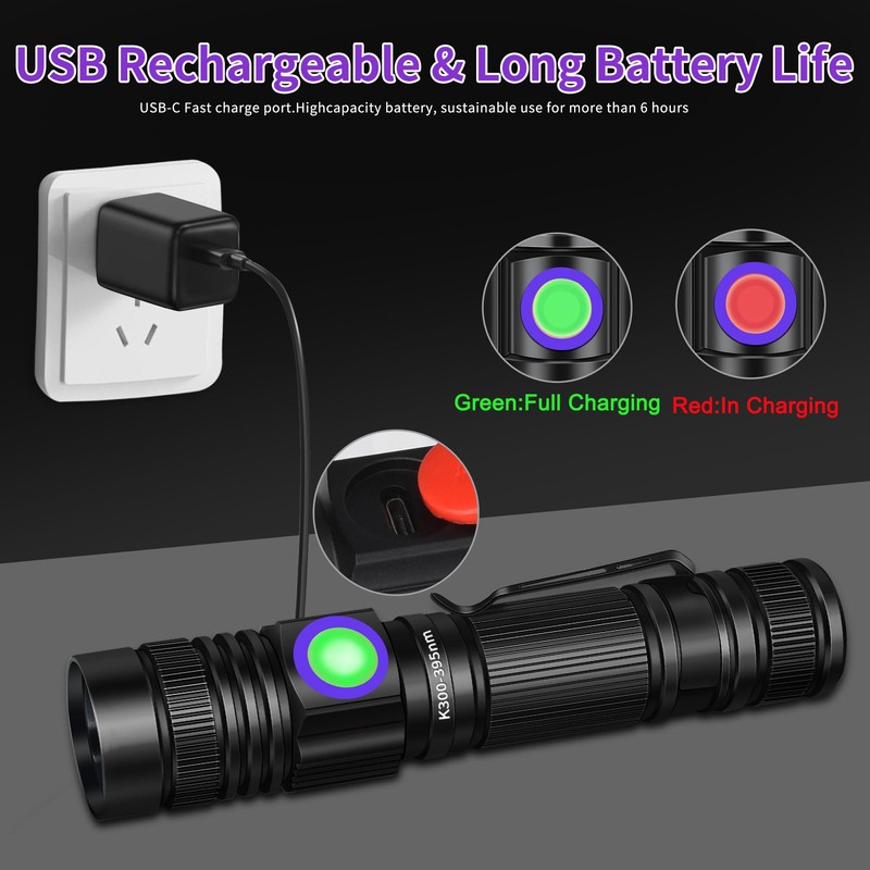UV Flashlight Black Light USB Rechargeable 395nm Blacklight Mini, Woods