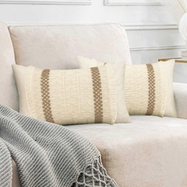 Merrycolor Boho Lumbar Throw Pillow Covers 12 x 20 Inch Set of 2 Farmhouse Burlap Linen Pillow Covers Beige Neutral Pillowcase Boho Pillow Covers Decorative Pillows for Bed Couch Sofa