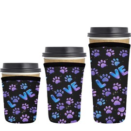 Paw Print Coffee Cup Sleeve - 3Pcs Purple Dog Paw Print Sleeveoffee Reusable Neoprene Insulator Sleeves Suitable Iced Coffee Cups Sleeve 16-32 Oz For Hot And Cold Drinks Cups Sleeves
