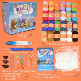 24 Pack Beginners Crochet Yarn Blue Green Pink Purple Yellow Rainbow Cotton Easy Crochet Yarn for Crocheting Knitting Beginners with Easy-to-See Stitches Beginner Crochet Kit(24x25g)