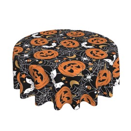 Sunshineyan Halloween Tablecloth 70 Inch Round, Black Pumpkins Spider Web Decorative Tablecloths Stain Resistance Polyester Halloween Table Cloth for Holiday Parties Kitchen Dining Indoor Outdoor