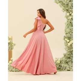 RUMUGUYA Simple One Shoulder A Line Bridesmaid Dresses with Slit Dusty Blue Pleated Long Satin Formal Evening Dresses with Bow for Women 14