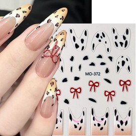 3Sheets French Leopard Nail Stickers Bow Nail Decals 3D Self-Adhesive Leopard Bows Design Pink Brown Leopard Print Dot Sticker French Tip Nail Art Sticker Charm for Women DIY Nail Decorations