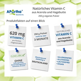 Aportha Natütliches Vitamin C – 250g Powder – Acerola Cherry Extract and Rosehip Extract