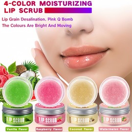 4-Color Fruit-Flavored Lip Scrub for Dry, Cracked & Dark Lips – Exfoliating & Moisturizing Lip Care with Organic Ingredients, Lip Brush – Vegan, Cruelty-Free (20g) (Watermelon flavor, 1PC)