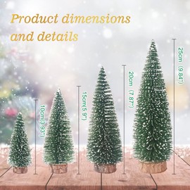 Green Bottle Brush Trees Christmas, 4 Pcs Mini Christmas Tree, Miniature Christmas Tree 9.9/7.9/5.9/3.9 Inch, Small Christmas Tree with Snowflakes, Christmas Decorations Indoor